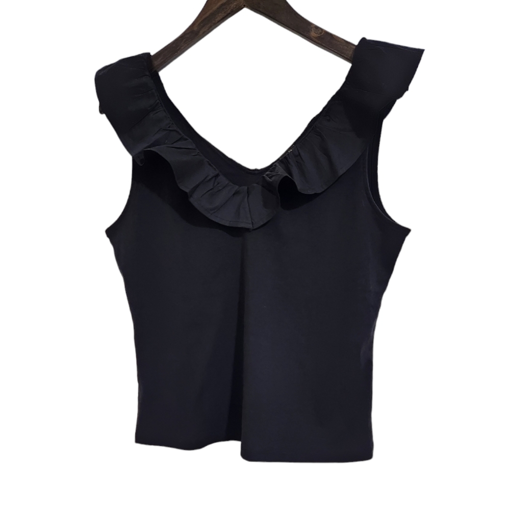 Ann Taylor Ruffled Tank Top Blouse Black Women's Size M
